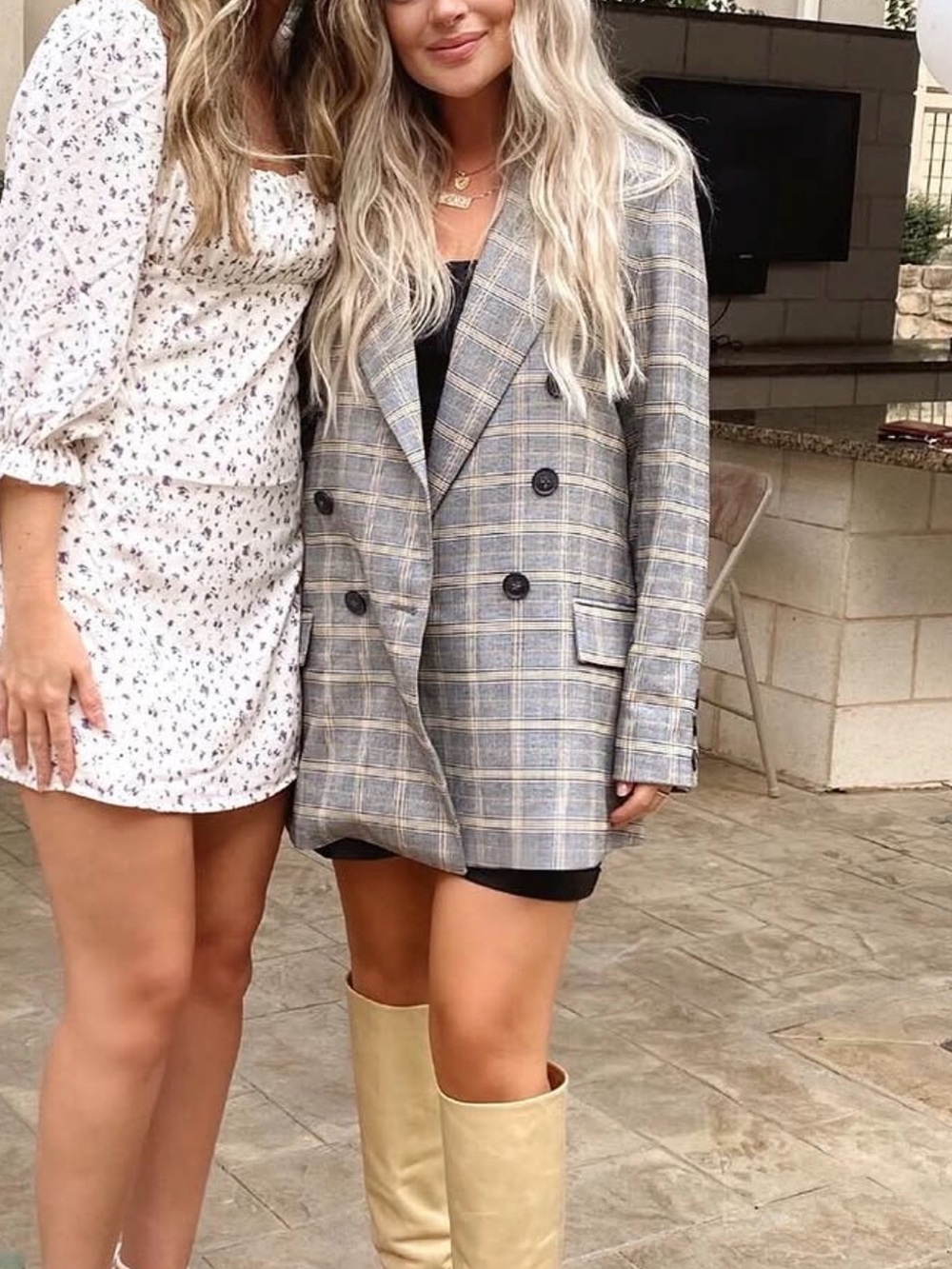 Free People Double-Breasted Plaid Blazer in Gray and Tan